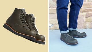 Product shot of green leather boots, and a shot of the author wearing the same boots.