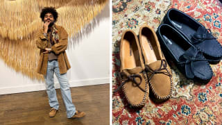 A man wearing brown moccasins with jeans and a suede jacket, also a photograph of two pairs of shoes on a rug.