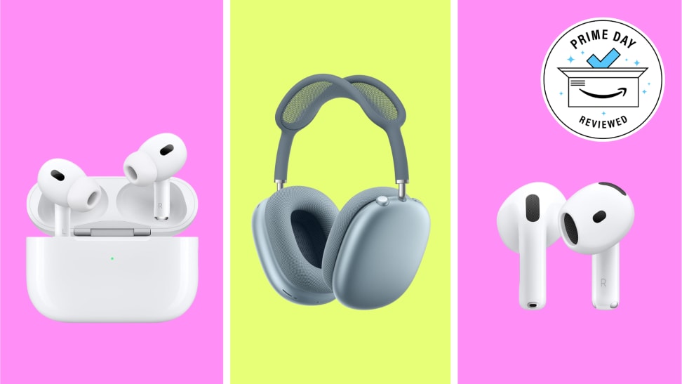 Three different Apple headphones on a yellow background