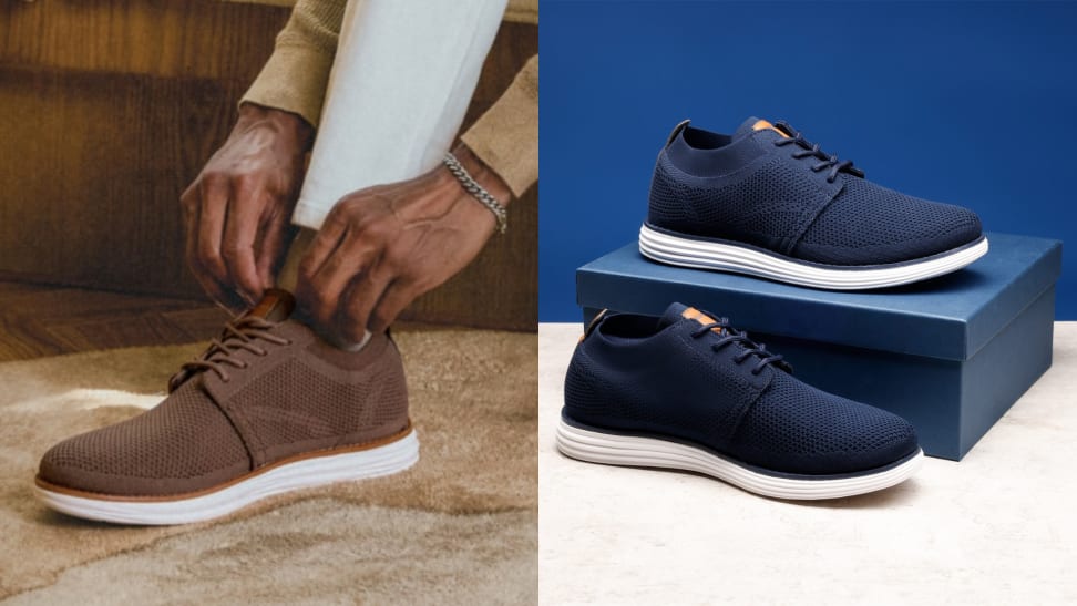 Close-up of a person tying up their KnitFlex sneaker and an image of a blue pair of KnitFlex out of their box.