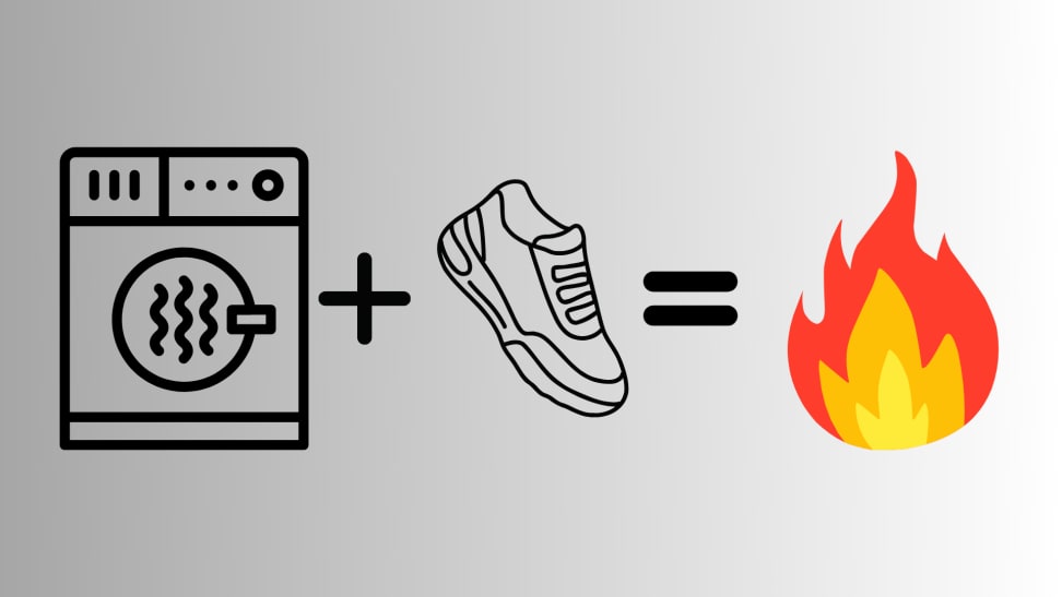Graphics of a dryer plus a sneaker equals a fire
