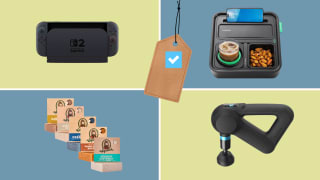 A Nintendo Switch, Dr Squatch soap, a couch console and the Theragun