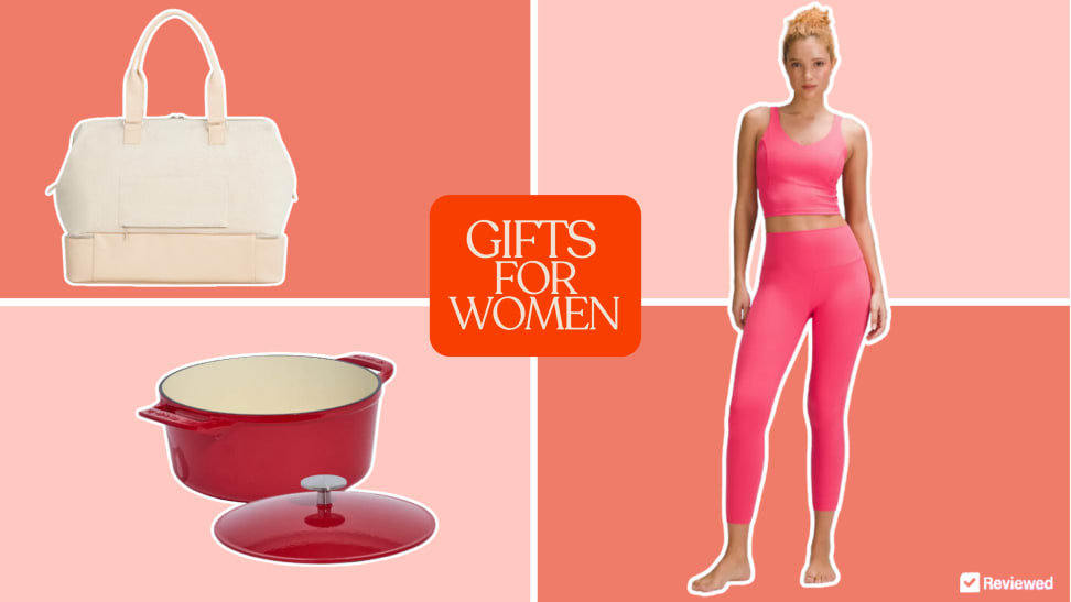 A selection of the best gifts for women including a model wearing lululemon leggings, a Made In Dutch oven, and a Beis weekender bag..