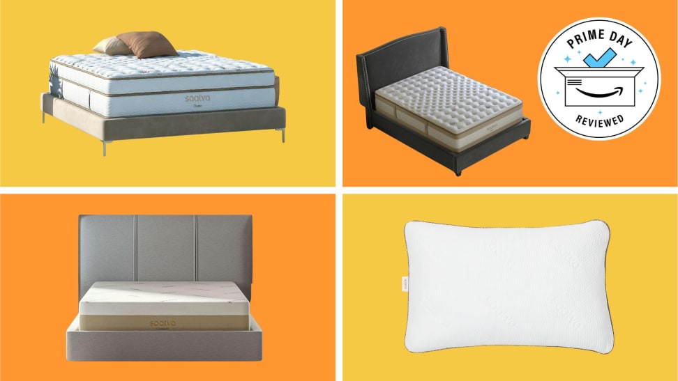 Saatva mattresses and pillow in front of yellow and orange background with Prime Day Reviewed logo