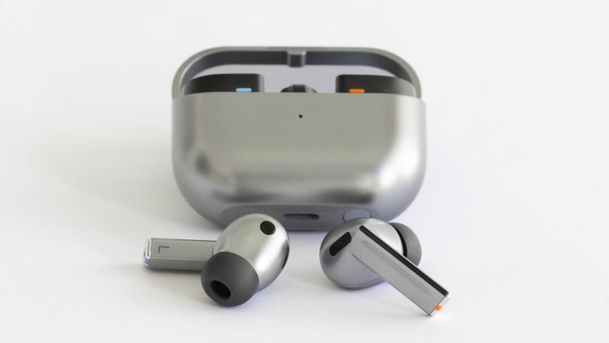 The Samsung Galaxy Buds3 Pro earbuds in front of its charging case.