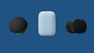Amazon Echo, Google Audio, and Sonos smart speakers sit next to each other on a blue background