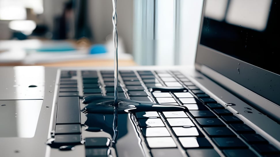 A stream of water spills on a laptop keyboard