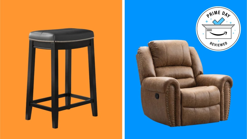 Black barstool and brown recliner in front of orange and blue background