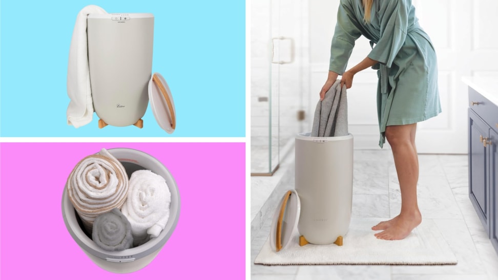 A Zadro towel warmer in front of various backgrounds.