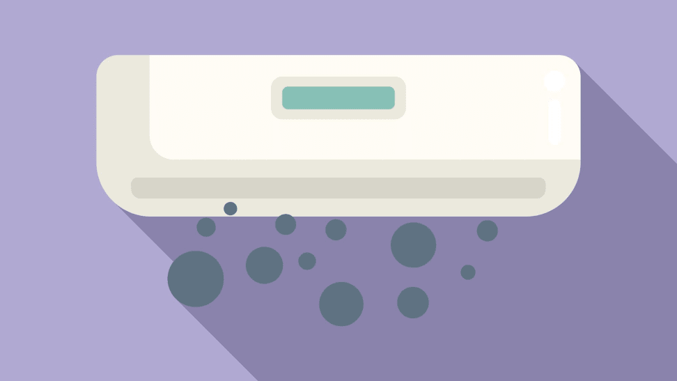 An illustration of a dehumidifier on a purple background with green bubbles
